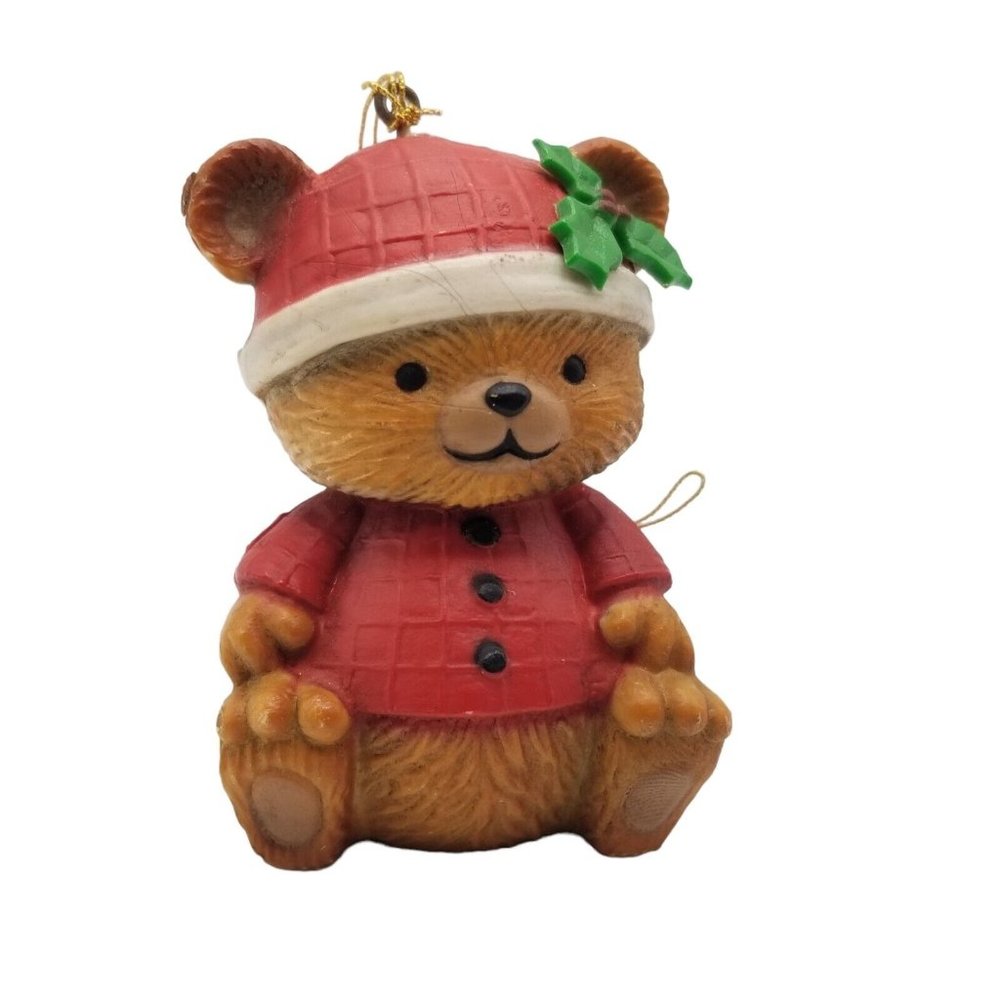 Vintage Christmas Ornament Teddy Bear Sitting Red Hat Shirt Holly Hong Kong 2"